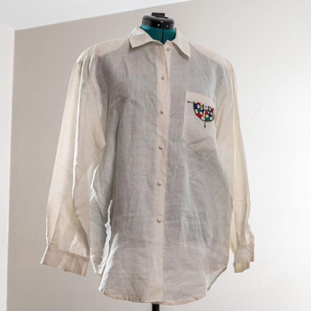 Vintage 1980s Blouse Ramie White Embroidered Size 12